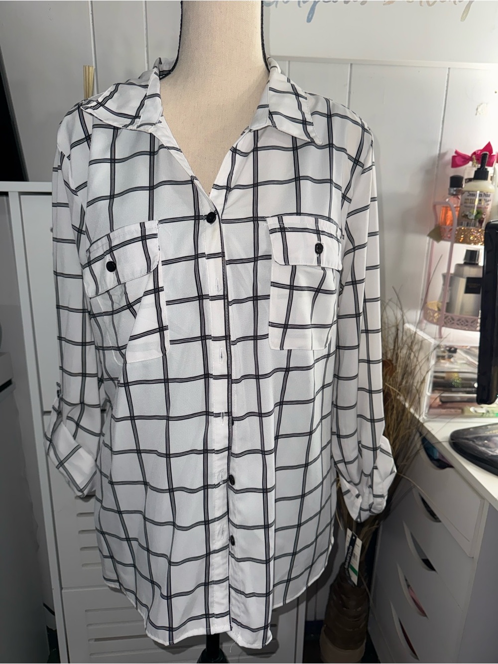 White Windowpane Button-Up Shirt SIZE L nwt